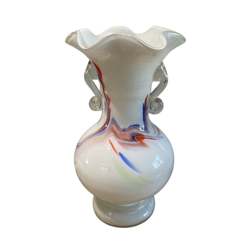 Vintage Dalian Art Glass White Cased Vase Ruffled Edge Double Handle 9.75"